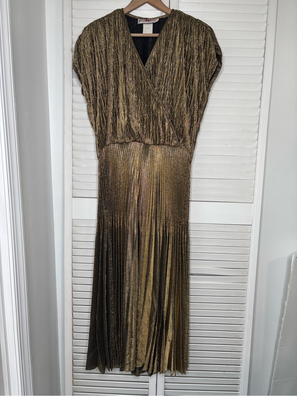 VTG 80s Sue Wong Liquid Gold Pleated Metallic Plissé Maxi Dress Gown Large USA